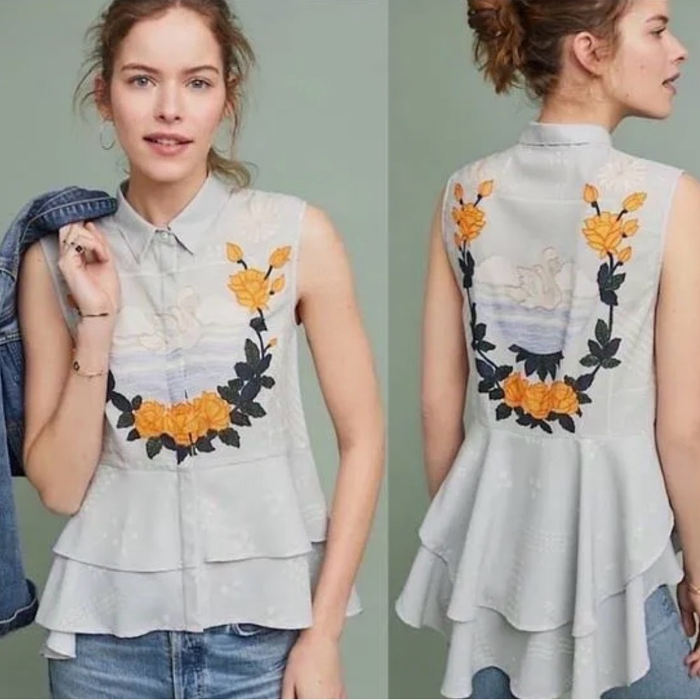 Anthropologie Sahil Kochhar Floral Swan Embroidered Sleeveless Blouse